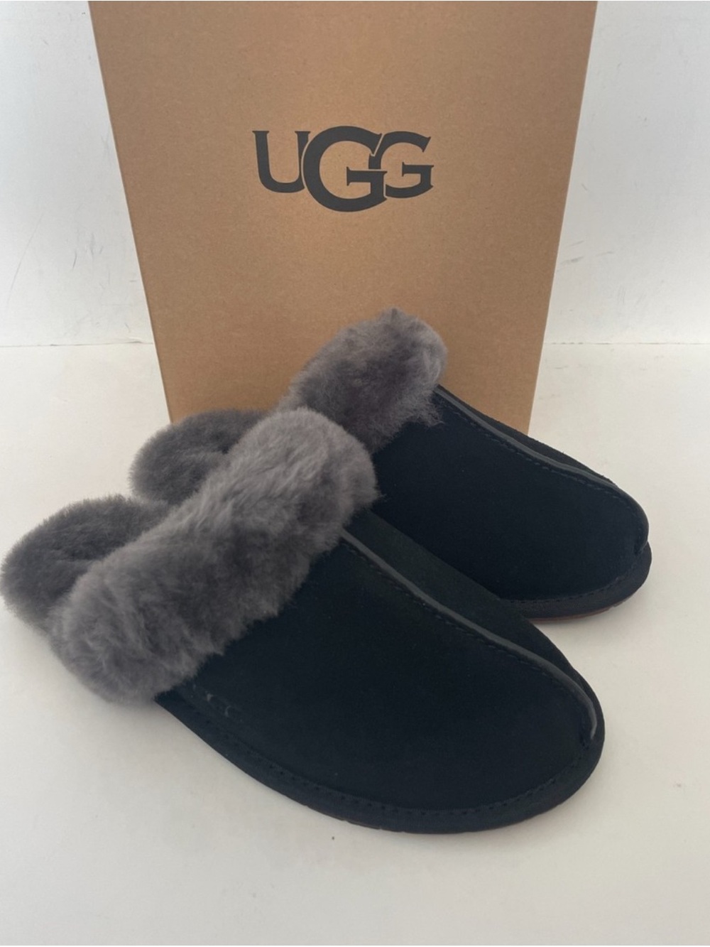 UGG Women's Black Suede Slip-On Clog Slippers with Gray Shearling Collar
